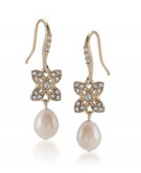 Lovely and ladylike, these earrings from Carolee feature dainty glass pearls and twinkling glass crystals embellishing a floral motif. Crafted in gold tone mixed metal. Approximate drop: 1-7/8 inches. Lovely and ladylike, these earrings from Carolee feature dainty glass pearls and twinkling glass crystals embellishing a floral motif. Crafted in gold tone mixed metal. Approximate drop: 1-7/8 inches.