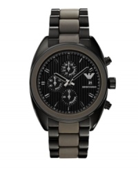 Get in touch with your dark side. Watch by Emporio Armani crafted of black ion-plated stainless steel and gray silicone bracelet and round black ion-plated stainless steel case. Textured black chronograph dial features applied stick indices, minute track, three subdials, date window at three o'clock, three hands and logo. Quartz movement. Water resistant to 50 meters. Two-year limited warranty. Get in touch with your dark side. Watch by Emporio Armani crafted of black ion-plated stainless steel and gray silicone bracelet and round black ion-plated stainless steel case. Textured black chronograph dial features applied stick indices, minute track, three subdials, date window at three o'clock, three hands and logo. Quartz movement. Water resistant to 50 meters. Two-year limited warranty.