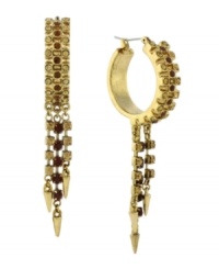 Fashionably fierce. Spiked embellishment has an edgy effect on BCBGeneration's hoop earrings. Also adorned with chic champagne-hued glass accents, they're made in gold tone mixed metal. Approximate drop: 2-3/4 inches. Fashionably fierce. Spiked embellishment has an edgy effect on BCBGeneration's hoop earrings. Also adorned with chic champagne-hued glass accents, they're made in gold tone mixed metal. Approximate drop: 2-3/4 inches.