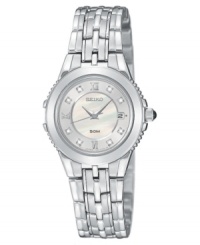 A sophisticated and feminine watch from Seiko, in polished stainless steel for lasting luster. Silvertone stainless steel bracelet and round case. Round mother-of-pear dial with logo, crystal accents and roman numeral indices. Quartz movement. Water resistant to 50 meters. Three-year limited warranty. A sophisticated and feminine watch from Seiko, in polished stainless steel for lasting luster. Silvertone stainless steel bracelet and round case. Round mother-of-pear dial with logo, crystal accents and roman numeral indices. Quartz movement. Water resistant to 50 meters. Three-year limited warranty.