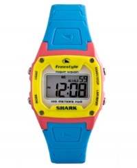 It was cool back then and it's still in style now. This hot unisex Freestyle watch features a blue polyurethane strap and pink & yellow square plastic case. Digital dial with time, day, date, night vision backlight, stop watch and two alarms. Digital movement. Water resistant to 100 meters. Limited lifetime warranty. It was cool back then and it's still in style now. This hot unisex Freestyle watch features a blue polyurethane strap and pink & yellow square plastic case. Digital dial with time, day, date, night vision backlight, stop watch and two alarms. Digital movement. Water resistant to 100 meters. Limited lifetime warranty.