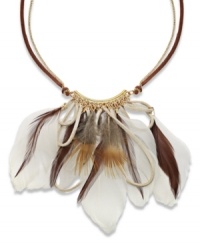 Fluff your feathers. Ali Khan's bohemian style combines natural and brown-colored suede loops and breezy feathers for a head-turning look. Set in gold tone mixed metal. Approximate length: 18 inches + 3-inch extender. Approximate drop: 1 to 4 inches. Fluff your feathers. Ali Khan's bohemian style combines natural and brown-colored suede loops and breezy feathers for a head-turning look. Set in gold tone mixed metal. Approximate length: 18 inches + 3-inch extender. Approximate drop: 1 to 4 inches.