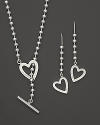 From the Toggle Heart collection, a set of sterling silver heart earrings and necklace with signature toggle heart closure. From the Toggle Heart collection, a set of sterling silver heart earrings and necklace with signature toggle heart closure.
