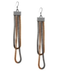 Colorblock chic. BCBGeneration's loop chain earrings feature a textured, linear design in rose gold, gold and silver-plated mixed metal. Secured with a matching ear wire backing. Approximate drop: 4 inches. Colorblock chic. BCBGeneration's loop chain earrings feature a textured, linear design in rose gold, gold and silver-plated mixed metal. Secured with a matching ear wire backing. Approximate drop: 4 inches.