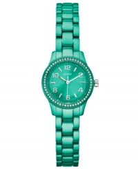 Get vibrant with pops of turquoise! This GUESS watch is crafted with polished aluminum glammed up with unexpected color. Get vibrant with pops of turquoise! This GUESS watch is crafted with polished aluminum glammed up with unexpected color.