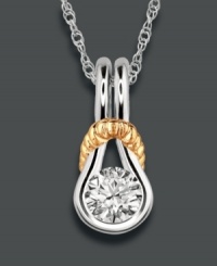 A sophisticated pendant hangs from a delicate chain. This Everlon diamond (1/7 ct. t.w.) necklace features an elegant two-tone setting - perfect for the lady who loves both gold and silver jewelry. Approximate length: 18 inches. Approximate drop: 5/8 inch. A sophisticated pendant hangs from a delicate chain. This Everlon diamond (1/7 ct. t.w.) necklace features an elegant two-tone setting - perfect for the lady who loves both gold and silver jewelry. Approximate length: 18 inches. Approximate drop: 5/8 inch.