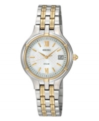 Classic two tone link design partners with energy-conserving technology in this solar Seiko watch offering two-month energy storage, quick start function and energy depletion warning. Two tone mixed metal bracelet and round case, 28mm. Patterned white dial features luminous hands, goldtone stick indices, Roman numerals at twelve and six o'clock, date window at three o'clock and logo. Solar quartz movement. Water resistant to 30 meters. Three-year limited warranty. Classic two tone link design partners with energy-conserving technology in this solar Seiko watch offering two-month energy storage, quick start function and energy depletion warning. Two tone mixed metal bracelet and round case, 28mm. Patterned white dial features luminous hands, goldtone stick indices, Roman numerals at twelve and six o'clock, date window at three o'clock and logo. Solar quartz movement. Water resistant to 30 meters. Three-year limited warranty.