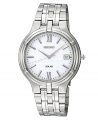 Time-honored style and watchmaking expertise, by Seiko. This solar-powered watch features a flawless stainless steel bracelet and round case, 37mm. Handsome white dial with silvertone hands, stick indices, Roman numerals at twelve and six o'clock and date window at three o'clock. Solar quartz movement also allows for ten-month energy storage, quick start function and energy depletion warning. Water resistant to 30 meters. Three-year limited warranty. A Macy's exclusive. Time-honored style and watchmaking expertise, by Seiko. This solar-powered watch features a flawless stainless steel bracelet and round case, 37mm. Handsome white dial with silvertone hands, stick indices, Roman numerals at twelve and six o'clock and date window at three o'clock. Solar quartz movement also allows for ten-month energy storage, quick start function and energy depletion warning. Water resistant to 30 meters. Three-year limited warranty. A Macy's exclusive.