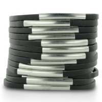 MULTI SPLIT LEATHER W/METAL BLK Black Shredded Leather and Silver Tone Accented Cuff Bracelet MULTI SPLIT LEATHER W/METAL BLK Black Shredded Leather and Silver Tone Accented Cuff Bracelet