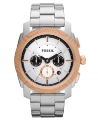 This industrial-inspired watch from Fossil's Machine collection receives a sophisticated upgrade with rose-gold accents. This industrial-inspired watch from Fossil's Machine collection receives a sophisticated upgrade with rose-gold accents.