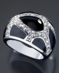 Get people talking. This unique GUESS ring feature crystal accents intertwined with smooth black enamel and set in silvertone mixed metal. Size 8. Get people talking. This unique GUESS ring feature crystal accents intertwined with smooth black enamel and set in silvertone mixed metal. Size 8.