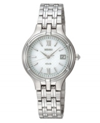 Careful attention to detail and solar power by Seiko delivers you two-month energy storage, quick start function and energy depletion warning. Stainless steel bracelet and round case, 28mm. White patterned dial features silvertone luminous hands, stick indices, Roman numerals at twelve and six o'clock, date window at three o'clock and logo. Solar quartz movement. Water resistant to 30 meters. Three-year limited warranty. A Macy's exclusive. Careful attention to detail and solar power by Seiko delivers you two-month energy storage, quick start function and energy depletion warning. Stainless steel bracelet and round case, 28mm. White patterned dial features silvertone luminous hands, stick indices, Roman numerals at twelve and six o'clock, date window at three o'clock and logo. Solar quartz movement. Water resistant to 30 meters. Three-year limited warranty. A Macy's exclusive.