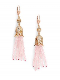 THE LOOKFeminine Metals collectionRhinestone ball and flower detailPink opal-colored tassel accent14k goldplated settingLatch back closureTHE MEASUREMENTLength, about 3ORIGINImported THE LOOKFeminine Metals collectionRhinestone ball and flower detailPink opal-colored tassel accent14k goldplated settingLatch back closureTHE MEASUREMENTLength, about 3ORIGINImported