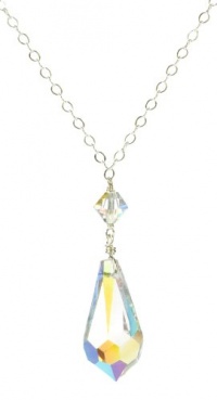 Sterling Silver Swarovski Elements Crystal Aurora Borealis Teardrop Pendant Necklace with Bicone Necklace, 18 Sterling Silver Swarovski Elements Crystal Aurora Borealis Teardrop Pendant Necklace with Bicone Necklace, 18