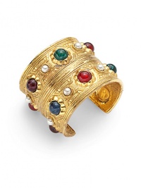 THE LOOKGypsy collectionMulti-colored glass stonesFaux pearl details24k electroplated gold settingTHE MEASUREMENTWidth, about 2ORIGINMade in USA THE LOOKGypsy collectionMulti-colored glass stonesFaux pearl details24k electroplated gold settingTHE MEASUREMENTWidth, about 2ORIGINMade in USA