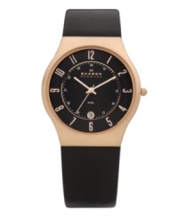 Mixed materials combine for a warm, sleek effect in this classic Skagen Denmark watch. Black leather strap and rose round goldtone stainless steel case. Black dial features logo, rose goldtone numerals, date window at six o'clock and luminous hands. Quartz movement. Water resistant to 30 meters. Limited lifetime warranty. Mixed materials combine for a warm, sleek effect in this classic Skagen Denmark watch. Black leather strap and rose round goldtone stainless steel case. Black dial features logo, rose goldtone numerals, date window at six o'clock and luminous hands. Quartz movement. Water resistant to 30 meters. Limited lifetime warranty.