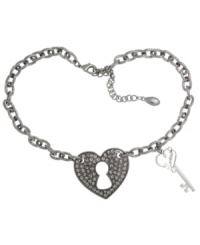 Open your heart. GUESS' heart lock and key necklace lets you reveal your romantic side. With glittering glass accents, it's crafted in a combination of hematite tone and silver tone mixed metal. Approximate length: 15 inches + 2-inch extender. Approximate drop: 1/2 inch. Open your heart. GUESS' heart lock and key necklace lets you reveal your romantic side. With glittering glass accents, it's crafted in a combination of hematite tone and silver tone mixed metal. Approximate length: 15 inches + 2-inch extender. Approximate drop: 1/2 inch.