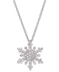 Give her a gift as unique as she is. This stunning snowflake pendant features an intricate pattern of round-cut diamonds (1/4 ct. t.w.) and sterling silver. Approximate length: 18 inches. Approximate drop: 5/8 inch. Give her a gift as unique as she is. This stunning snowflake pendant features an intricate pattern of round-cut diamonds (1/4 ct. t.w.) and sterling silver. Approximate length: 18 inches. Approximate drop: 5/8 inch.