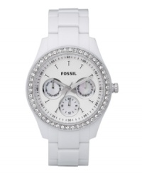 Pretty details make all the difference on this fabulous Stella collection Fossil watch. White plastic bracelet and stainless steel case, 37mm. Swarovski crystal bezel. White dial with logo, three subdials and stick markers. Quartz movement. Water resistant to 50 meters. Eleven-year limited warranty. Comes packaged in a collectible tin.