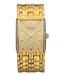 An opulent dress watch with details in all the right places. By Caravelle by Bulova. Gold tone mixed metal bracelet and rectangular case crystallized with Swarovski elements at left and right. Gold tone sunray dial features applied stick indices, three hands and logo. Quartz movement. Water resistant to 30 meters. Two-year limited warranty. An opulent dress watch with details in all the right places. By Caravelle by Bulova. Gold tone mixed metal bracelet and rectangular case crystallized with Swarovski elements at left and right. Gold tone sunray dial features applied stick indices, three hands and logo. Quartz movement. Water resistant to 30 meters. Two-year limited warranty.