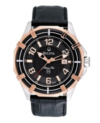 Bulova defines luxury with this Marine Star collection watch. Black croc-embossed leather strap and round stainless steel case with rose-gold tone accents at bezel. Textured black dial features applied rose-gold tone numerals, stick indices, date window at three o'clock, three luminous hands and logo. Quartz movement. Water resistant to 100 meters. Three-year limited warranty. Bulova defines luxury with this Marine Star collection watch. Black croc-embossed leather strap and round stainless steel case with rose-gold tone accents at bezel. Textured black dial features applied rose-gold tone numerals, stick indices, date window at three o'clock, three luminous hands and logo. Quartz movement. Water resistant to 100 meters. Three-year limited warranty.