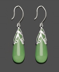 Cool, calm and collected. This peaceful style adds serenity to any look. Solid jade teardrops (10 mm x 25 mm) shine with the addition of a scrolling sterling silver overlay. Approximate drop: 1-3/4 inches. Cool, calm and collected. This peaceful style adds serenity to any look. Solid jade teardrops (10 mm x 25 mm) shine with the addition of a scrolling sterling silver overlay. Approximate drop: 1-3/4 inches.