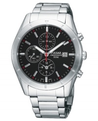 Expert precision and easy style define this modern watch from Pulsar. Silvertone stainless steel bracelet and round case. Round black dial with three subdials, date window, logo and stick indices. Quartz movement. Water resistant to 50 meters. Three-year limited warranty. Expert precision and easy style define this modern watch from Pulsar. Silvertone stainless steel bracelet and round case. Round black dial with three subdials, date window, logo and stick indices. Quartz movement. Water resistant to 50 meters. Three-year limited warranty.