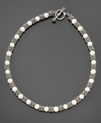 Set off your collarbone with this gorgeous pearl necklace (8.5-9mm). Lustrous sterling silver beads and 14k gold accents finish the beautiful look. Necklace measures 18. Set off your collarbone with this gorgeous pearl necklace (8.5-9mm). Lustrous sterling silver beads and 14k gold accents finish the beautiful look. Necklace measures 18.