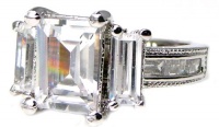 3 Stone Emerald & Bar Set Simulated White Diamond CZ Engagement Ring, 18k White Gold Plated Rhodium Metal, Size 6 3 Stone Emerald & Bar Set Simulated White Diamond CZ Engagement Ring, 18k White Gold Plated Rhodium Metal, Size 6