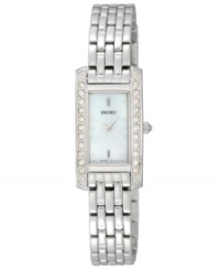 Sophisticated details, like a mother-of-pearl dial and crystal-accented bezel, create a truly stunning effect with this Seiko timepiece. Sophisticated details, like a mother-of-pearl dial and crystal-accented bezel, create a truly stunning effect with this Seiko timepiece.