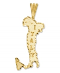 Display your pride and love for a place that truly puts the Rome in Romance! Delicate text reads Italy upon this gorgeous 14k gold charm. Chain not included. Approximate drop length: 1-1/5 inch. Approximate drop width: 1/2 inch. Display your pride and love for a place that truly puts the Rome in Romance! Delicate text reads Italy upon this gorgeous 14k gold charm. Chain not included. Approximate drop length: 1-1/5 inch. Approximate drop width: 1/2 inch.