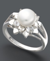 Floral elegance. A polished cultured freshwater pearl (7-1/2-8 mm) surrounded by round-cut white topaz (5/8 ct. t.w.) creates a look inspired by nature. Set in sterling silver. Size 7.