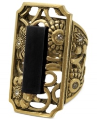 Dazzling with the details. T Tahari's intricately designed stretch ring, part of its Deco Lace Collection, is crafted from gold-tone mixed metal with glass accents and a black stone adding a stylish touch. Dazzling with the details. T Tahari's intricately designed stretch ring, part of its Deco Lace Collection, is crafted from gold-tone mixed metal with glass accents and a black stone adding a stylish touch.