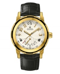 Classic styling and enduring sophistication. Exeter collection watch by Bulova Accutron crafted of black croc-embossed leather strap and round gold ion-plated stainless steel case with sapphire crystal. White dial features gold tone numerals at markers, minute track, date window at twelve o'clock, day window at six o'clock, luminous hands and logo. Swiss quartz movement. Water resistant to 50 meters. Five-year limited warranty. Classic styling and enduring sophistication. Exeter collection watch by Bulova Accutron crafted of black croc-embossed leather strap and round gold ion-plated stainless steel case with sapphire crystal. White dial features gold tone numerals at markers, minute track, date window at twelve o'clock, day window at six o'clock, luminous hands and logo. Swiss quartz movement. Water resistant to 50 meters. Five-year limited warranty.