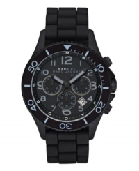Understated style for the sports enthusiast. Watch by Marc by Marc Jacobs crafted of black silicone bracelet and round black-plated stainless steel case with numerals at bezel. Black chronograph dial features numerals, date window, three subdials, three hands and logo. Quartz movement. Water resistant to 50 meters. Two-year limited warranty. Understated style for the sports enthusiast. Watch by Marc by Marc Jacobs crafted of black silicone bracelet and round black-plated stainless steel case with numerals at bezel. Black chronograph dial features numerals, date window, three subdials, three hands and logo. Quartz movement. Water resistant to 50 meters. Two-year limited warranty.