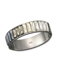 Cuff love: You'll be sure to adore Swarovski's chic crystal cuff bracelet! The sleek design features rectangular crystals symmetrically aligned inside a wide cuff. Made in platinum and ruthenium tone mixed metal. Approximate diameter: 2-1/4 inches.