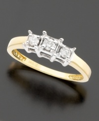 Celebrate a special occasion with this three-stone diamond ring. Three princess-cut diamonds (1/4 ct t.w.) set in the warm luster of rich 14K gold convey classic elegance. Celebrate a special occasion with this three-stone diamond ring. Three princess-cut diamonds (1/4 ct t.w.) set in the warm luster of rich 14K gold convey classic elegance.