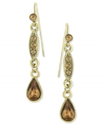 Drops of smoky warmth from 2028. These linear earrings feature faceted teardrops with topaz glass stones. Crafted in gold tone mixed metal. Approximate length: 2 inches. Drops of smoky warmth from 2028. These linear earrings feature faceted teardrops with topaz glass stones. Crafted in gold tone mixed metal. Approximate length: 2 inches.