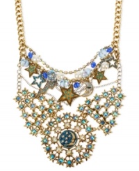 Own the night with this bib necklace from Betsey Johnson. Crafted from antique gold-tone and silver-tone mixed metal, the necklace has shining glitter and glass crystal accents, evoking a sense of lunar love. Approximate length: 16 inches + 3-inch extender. Approximate drop: 4-1/2 inches. Own the night with this bib necklace from Betsey Johnson. Crafted from antique gold-tone and silver-tone mixed metal, the necklace has shining glitter and glass crystal accents, evoking a sense of lunar love. Approximate length: 16 inches + 3-inch extender. Approximate drop: 4-1/2 inches.