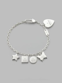 From the Trademark Collection. A classic sterling silver chain loaded with Gucci-engraved sterling silver charms, including a butterfly, heart, square, circle and star. Sterling silver Length, about 8 Charm widths range from about ¼ to ½ Lobster clasp Made in Italy From the Trademark Collection. A classic sterling silver chain loaded with Gucci-engraved sterling silver charms, including a butterfly, heart, square, circle and star. Sterling silver Length, about 8 Charm widths range from about ¼ to ½ Lobster clasp Made in Italy