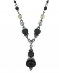 Go big with vintage glamour designed by 2028. One oval-shaped and three teardrop-shaped, faceted, jet black stones set gorgeously in ornately-finished mixed metal. Chain features black and clear faceted stones to layer on even more charm. Approximate length: 15 inches + 3-inch extender. Approximate drop: 1-3/4 inches. Go big with vintage glamour designed by 2028. One oval-shaped and three teardrop-shaped, faceted, jet black stones set gorgeously in ornately-finished mixed metal. Chain features black and clear faceted stones to layer on even more charm. Approximate length: 15 inches + 3-inch extender. Approximate drop: 1-3/4 inches.