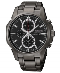 A structured steel silhouette lends a solid presence to this solar-powered watch from Seiko. A structured steel silhouette lends a solid presence to this solar-powered watch from Seiko.
