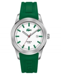 The premier in modern prep, Lacoste introduces this refined casual men's watch in signature white and green. Green rubber strap. Silvertone stainless steel round case and round white dial with logo and stick indices. Quartz movement. Water resistant to 50 meters. Two-year limited warranty. The premier in modern prep, Lacoste introduces this refined casual men's watch in signature white and green. Green rubber strap. Silvertone stainless steel round case and round white dial with logo and stick indices. Quartz movement. Water resistant to 50 meters. Two-year limited warranty.