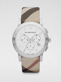 Iconic check pattern defines the strap bracelet of this classic chronograph style, set in stainless steel with a silver checked hydraulic stamped dial.Chronograph movementRound bezelWater resistant to 5ATMDate display at 4 o'clock Second handStainless steel case: 42mm(1.65)Check strap braceletImported Iconic check pattern defines the strap bracelet of this classic chronograph style, set in stainless steel with a silver checked hydraulic stamped dial.Chronograph movementRound bezelWater resistant to 5ATMDate display at 4 o'clock Second handStainless steel case: 42mm(1.65)Check strap braceletImported