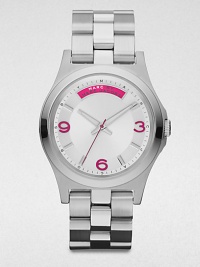 A sleek stainless steel timepiece with bold markers. Quartz movementWater resistant to 5 ATMRound stainless steel case, 40mm (1.6)Smooth bezelSilvertone dialBar and numeric hour markersSecond hand Stainless steel link braceletImported A sleek stainless steel timepiece with bold markers. Quartz movementWater resistant to 5 ATMRound stainless steel case, 40mm (1.6)Smooth bezelSilvertone dialBar and numeric hour markersSecond hand Stainless steel link braceletImported