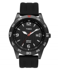 Red accents add a burst of energy to this smart watch by Timex. Black resin strap and round brushed gunmetal mixed metal case. Black dial features applied silver tone numerals at twelve, three, six and nine o'clock, stick indices, minute track, date window at three o'clock, luminous hour and minute hands, red second hand and logo. Quartz movement. Water resistant to 50 meters. One-year limited warranty. Red accents add a burst of energy to this smart watch by Timex. Black resin strap and round brushed gunmetal mixed metal case. Black dial features applied silver tone numerals at twelve, three, six and nine o'clock, stick indices, minute track, date window at three o'clock, luminous hour and minute hands, red second hand and logo. Quartz movement. Water resistant to 50 meters. One-year limited warranty.