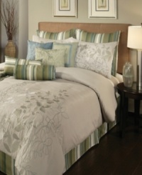 Fresh florals. An embroidered and printed floral motif adorns these Arcadia comforter sets in soothing tan, green and blue hues. Set is accented with striped European shams and bedskirt. Five distinctive decorative pillows complete this relaxing oasis. Fresh florals. An embroidered and printed floral motif adorns these Arcadia comforter sets in soothing tan, green and blue hues. Set is accented with striped European shams and bedskirt. Five distinctive decorative pillows complete this relaxing oasis.