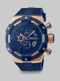 Featuring a 10 ATM water resistance and superior chronograph movement, this iconic style receives an incredibly modern update with bold contrast from a rose gold plated case and a vulcanized rubber strap.Chronograph movementRound bezelWater resistant to 10ATMDate display at 4 o'clockSecond handStainless steel case: 48mm (1.89)Rubber strap braceletMade in Italy Featuring a 10 ATM water resistance and superior chronograph movement, this iconic style receives an incredibly modern update with bold contrast from a rose gold plated case and a vulcanized rubber strap.Chronograph movementRound bezelWater resistant to 10ATMDate display at 4 o'clockSecond handStainless steel case: 48mm (1.89)Rubber strap braceletMade in Italy