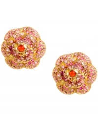 Studded sparklers. Betsey Johnson's gold tone mixed metal earrings feature sparkling roses studded with ombre-colored pave-set crystals. Approximate diameter: 3/4 inch. Studded sparklers. Betsey Johnson's gold tone mixed metal earrings feature sparkling roses studded with ombre-colored pave-set crystals. Approximate diameter: 3/4 inch.