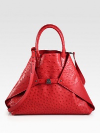 Ostrich foldover trapezoid silhouette cinched by a center turn-lock buckle closure.Double top handles, 5½ dropDetachable shoulder strap, 24 dropTop snap closure and versatile turn-lock buckle closure, can be tucked into bag for a tote silhouetteOne inside zip pocketTwo inside open pocketsLeather lining15W X 12H X 4½DImported Ostrich foldover trapezoid silhouette cinched by a center turn-lock buckle closure.Double top handles, 5½ dropDetachable shoulder strap, 24 dropTop snap closure and versatile turn-lock buckle closure, can be tucked into bag for a tote silhouetteOne inside zip pocketTwo inside open pocketsLeather lining15W X 12H X 4½DImported